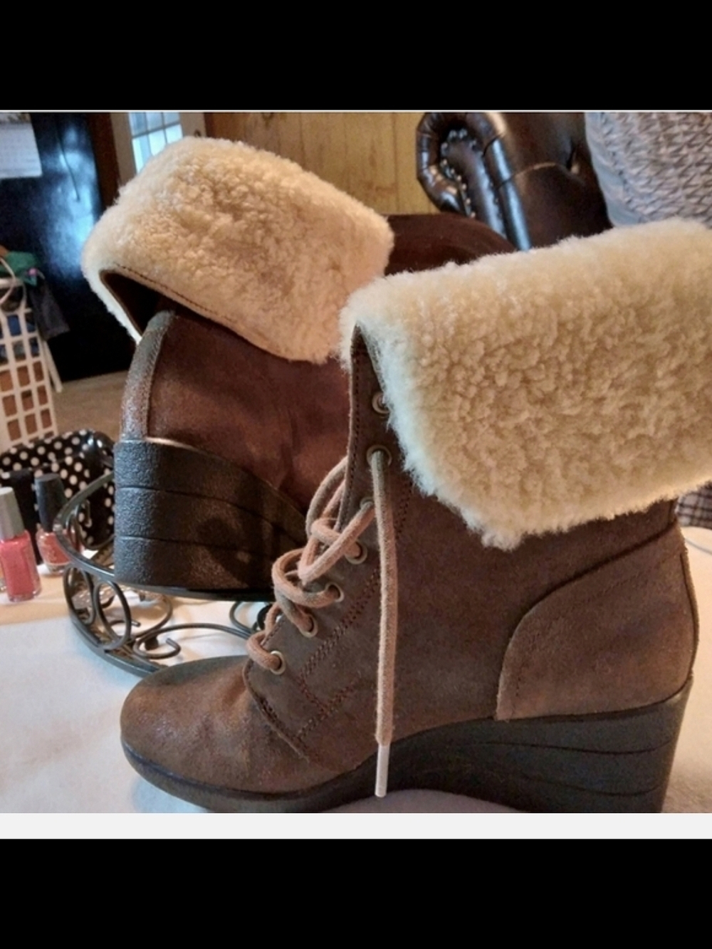Women's Brown Wedge Ankle Boots with Shearling Cuff